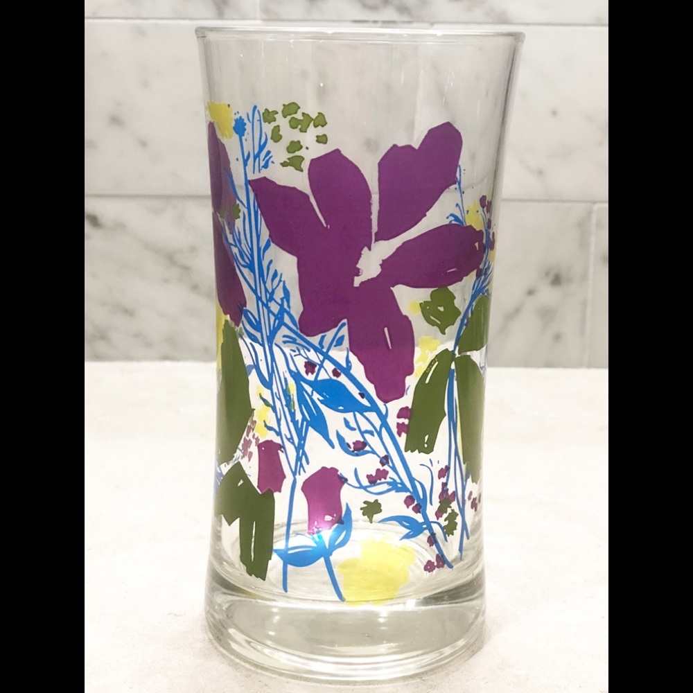 Vintage Mid Century Set of 6 Juice Glasses, Purple Yellow Floral